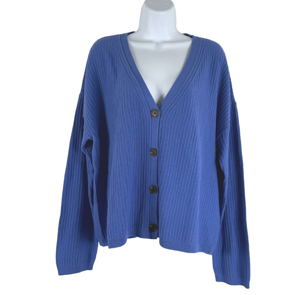 Talbots Blue Ribbed V-Neck Button Front Cardigan